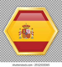 Gold hexagon badge with the flag of Spain on it. Vector icon with shadow underneath on checkered background