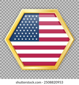 Gold hexagon badge with flag of the USA on it. Vector badge with shadow underneath