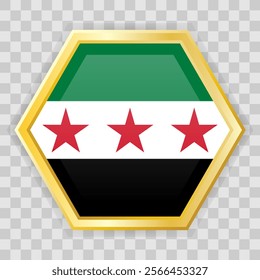 Gold hexagon badge with the Syrian flag on it. Gold badge with shadow underneath