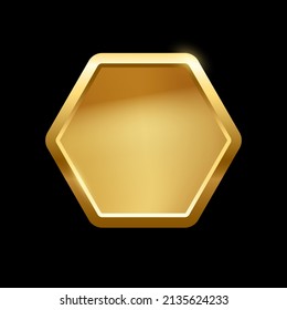 Goldener Hexagon-Knopf mit Rahmen-Vektorgrafik. 3D-goldglänzendes, elegantes Design für leeres Emblem, Medaille oder Abzeichen, glänzender und Farbverlauf-Lichteffekt auf Teller einzeln auf schwarzem Hintergrund