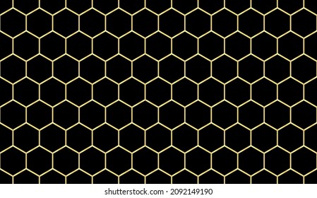 Gold hexagon grid pattern seamless on the black background. Hexagonal netting. Abstract vector.