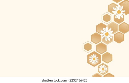 Gold hexagon pattern with daisy flower on cream background vector illustration.