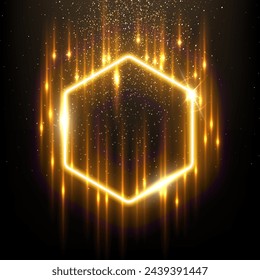 Gold hexagon shape border with flash rays and sparks vector illustration. Realistic 3D shiny golden frame with edges and fiery flare, precious jewelry and abstract star dust glow on black background.