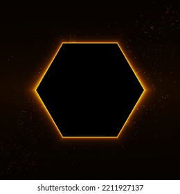 Gold hexagon shape with glow effect isolated on black background. Shiny glowing art frame. Golden luxury realistic border. Wedding, mothers or Valentines day concept. Xmas and New Year abstract