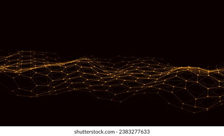 Gold hexagon wave of particles and lines. Big data visualization. Abstract background with a dynamic wave. Vector illustration.