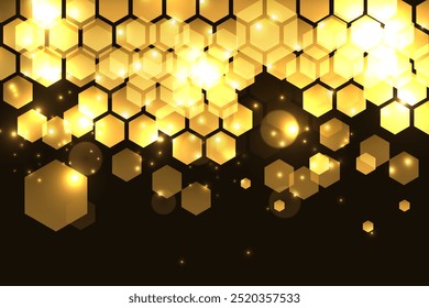Gold hexagonal abstract technology background.Light effect sparkles on black background. Vector illustration.