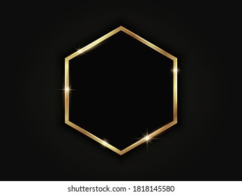 Gold hexagonal frame. Geometric luxury template on dark background