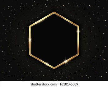 Gold hexagonal frame with particles. Geometric luxury template on dark background