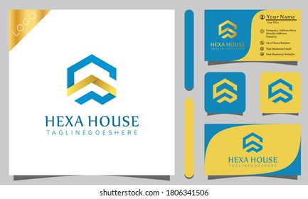 Gold hexagonal house real estate logos design vector illustration with line art style vintage, modern company business card template