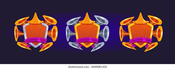 gold; hexagonal; medallion; graphic; art; illustration; win; design; collection; ribbon; purple; orange; cartoon; pipes; crown; progress; 