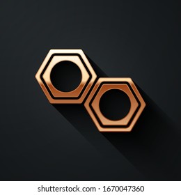 Gold Hexagonal metal nut icon isolated on black background. Long shadow style. Vector Illustration