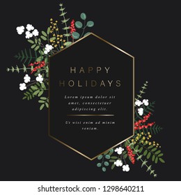 Gold hexagonal template for your text, decoration of flowers, berries, leaves and other plants. Bright frame for gift card and other greeting on holidays. Isolated on a black background.