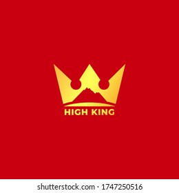 Gold High King logo vector illustration isolated on red color background. Mountain silhouette inside of crown logo design concept. Outdoor sports logo design template