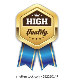 Gold high quality badge with blue ribbon on white background