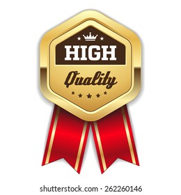 Gold high quality badge with red ribbon on white background