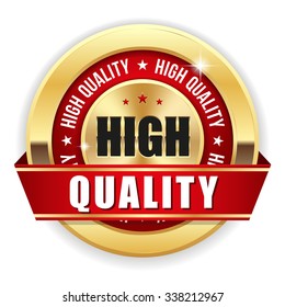 Gold High Quality Badge With Red Ribbon On White Background