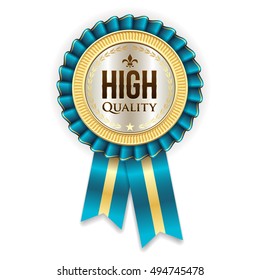 Gold high quality rosette with blue ribbon on white background