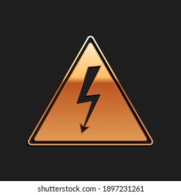 Gold High voltage sign icon isolated on black background. Danger symbol. Arrow in triangle. Warning icon. Long shadow style. Vector.