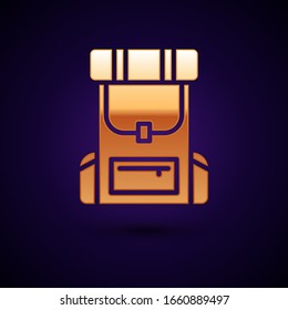 Gold Hiking backpack icon isolated on black background. Camping and mountain exploring backpack.  Vector Illustration