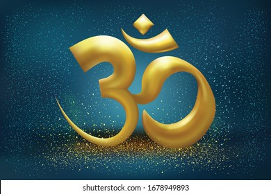 Gold Hinduism om symbol icon on dark blue background. vector illustration
