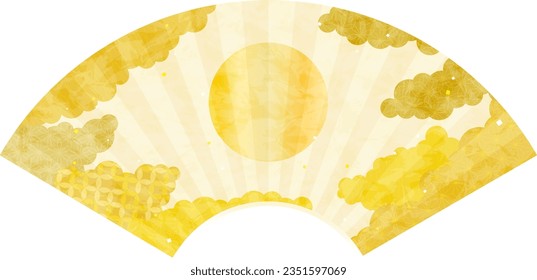 Gold Hinomaru Fan Frame, Japanese Pattern Sea of Clouds Backgrounds Web graphics, Vector Illustration