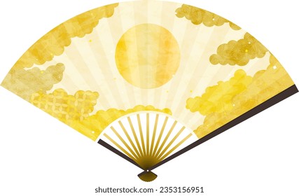 Gold Hinomaru Fan, Japanese Pattern Sea of Clouds Backgrounds Web graphics, Vector Illustration