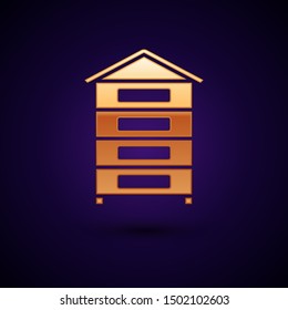 Gold Hive for bees icon isolated on dark blue background. Beehive symbol. Apiary and beekeeping. Sweet natural food.  Vector Illustration
