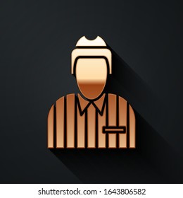 Gold Hockey judge, referee, arbiter icon isolated on black background. Long shadow style. Vector Illustration