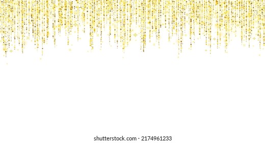 Gold holiday decoration glitter wide rain garland on white background. Vector