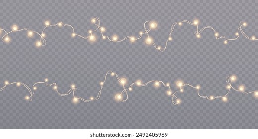 Gold holiday garland, set of Christmas lights on curved wire. Christmas LED garland for festive design.