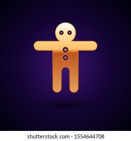 Gold Holiday gingerbread man cookie icon isolated on dark blue background. Cookie in shape of man with icing.  Vector Illustration