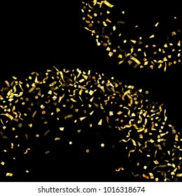 Gold holiday realistic confetti flying on black banner background. Glamorous tinsel sparkle elements flying, gradient foil texture serpentine streamers confetti falling festive backdrop.
