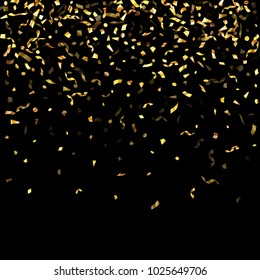 Gold holiday realistic confetti flying on black poster background. Chic tinsel sparkle elements flying, gradient foil texture serpentine streamers confetti falling carnival background.
