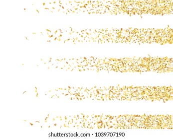 Gold holiday realistic confetti flying on white vector Background. Rich flying tinsel elements, sparkle stripes, gradient foil texture serpentine streamers and confetti falling premium background.