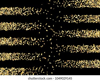 Gold holiday realistic confetti flying on black vector background. Rich flying tinsel elements, sparkles, gradient foil texture serpentine streamers and confetti falling festive party background.