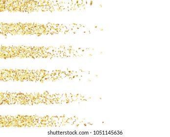 Gold holiday realistic confetti flying on white vector Background. Rich flying tinsel elements, sparkle stripes, gradient foil texture serpentine streamers and confetti falling left side border.