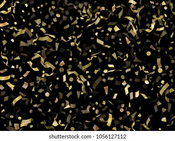 Gold holiday realistic confetti flying on black card background. Glamorous tinsel sparkle elements flying, gradient foil texture serpentine streamers confetti falling cool night party backdrop.