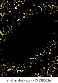 Gold holiday realistic confetti flying on black vector backdrop. Trendy tinsel sparkle elements flying, gradient foil texture serpentine streamers confetti falling party backdrop.