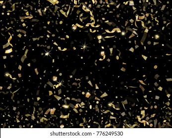 Gold holiday realistic confetti flying on black card background. Glamorous tinsel sparkle elements flying, gradient foil texture serpentine streamers confetti falling party backdrop.