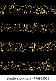 Gold holiday realistic confetti flying on black background design. Chic tinsel sparkle elements flying, gradient foil texture serpentine streamers confetti falling festive background.