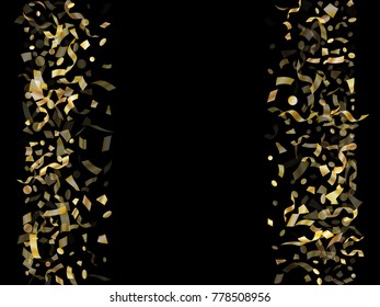 Gold holiday realistic confetti flying on black vector illustration. Chic tinsel sparkle elements flying, gradient foil texture serpentine streamers confetti falling celebration backdrop