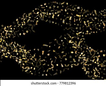 Gold holiday realistic confetti flying on black poster backdrop. Luxurious tinsel sparkle elements flying, gradient foil texture serpentine streamers confetti falling celebration backdrop