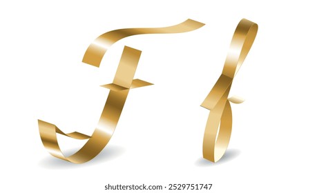 Gold holiday ribbon in the shape of a English alphabet F letters on white background. Vector illustration font symbol