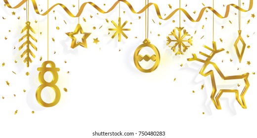 Gold holidays greeting card. Hanging 3d ornaments with silhouettes deer, snowman, snowflakes, stars, curling stream and confetti on white background. Christmas and New Year vector illustration.