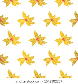 Gold holly vector seamless pattern