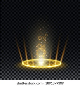 Gold hologram portal. Magic fantasy portal. Magic circle teleport podium with hologram effect. Vector gold glow rays with sparks on transparent background