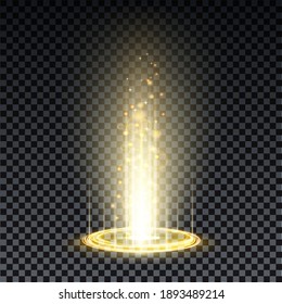 Gold hologram portal. Magic fantasy portal. Magic circle teleport podium with hologram effect. Vector gold glow rays with sparks on transparent background