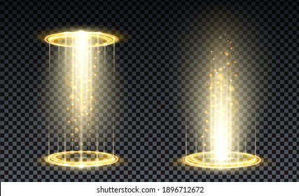 Gold hologram portal. Magic fantasy portal. Magic circle teleport podium with hologram effect. Vector gold glow rays with sparks on transparent background