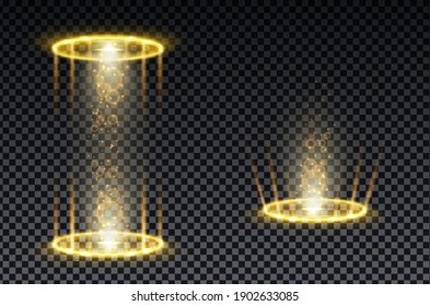 Gold hologram portal. Magic fantasy portal. Magic circle teleport podium with hologram effect. Vector gold glow rays with sparks on transparent background