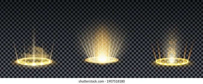 Gold hologram portal. Magic fantasy portal. Magic circle teleport podium with hologram effect. Vector gold glow rays with sparks on transparent background